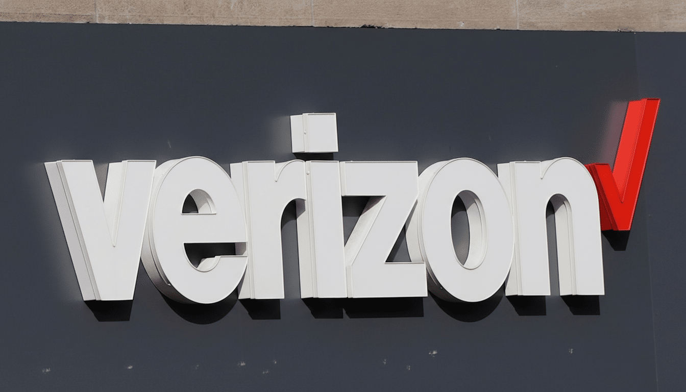 The Verizon logo, featuring white 3D letters spelling verizon with a red checkmark symbol at the end, set against a dark gray background.