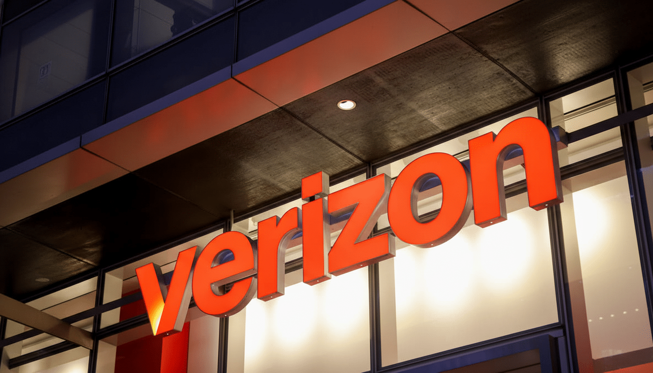 The Verizon logo in bright red letters on the exterior of a building, resized to a 16:9 aspect ratio.