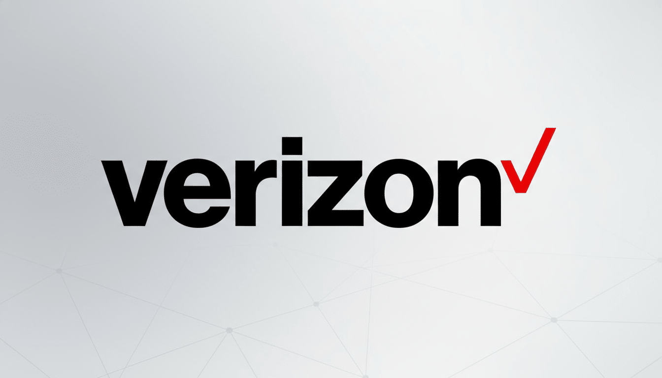 The Verizon logo, featuring the word verizon in black lowercase letters with a red checkmark at the end, presented on a professional flat design background with soft patterns and gradients, resized to a 16:9 aspect ratio.
