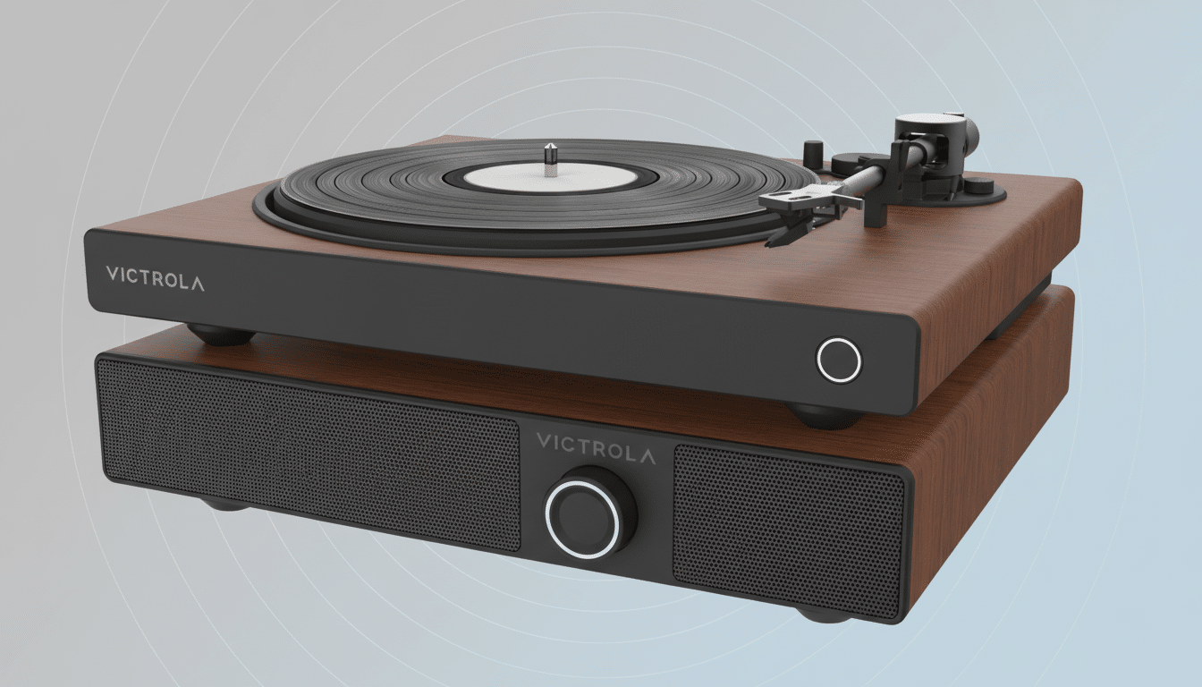 A Victrola record player with a wooden base and black accents, featuring a vinyl record on the turntable, presented on a professional flat design background with soft patterns and gradients.