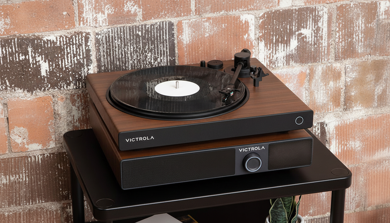 A Victrola record player and speaker system on a black table against a brick wall.