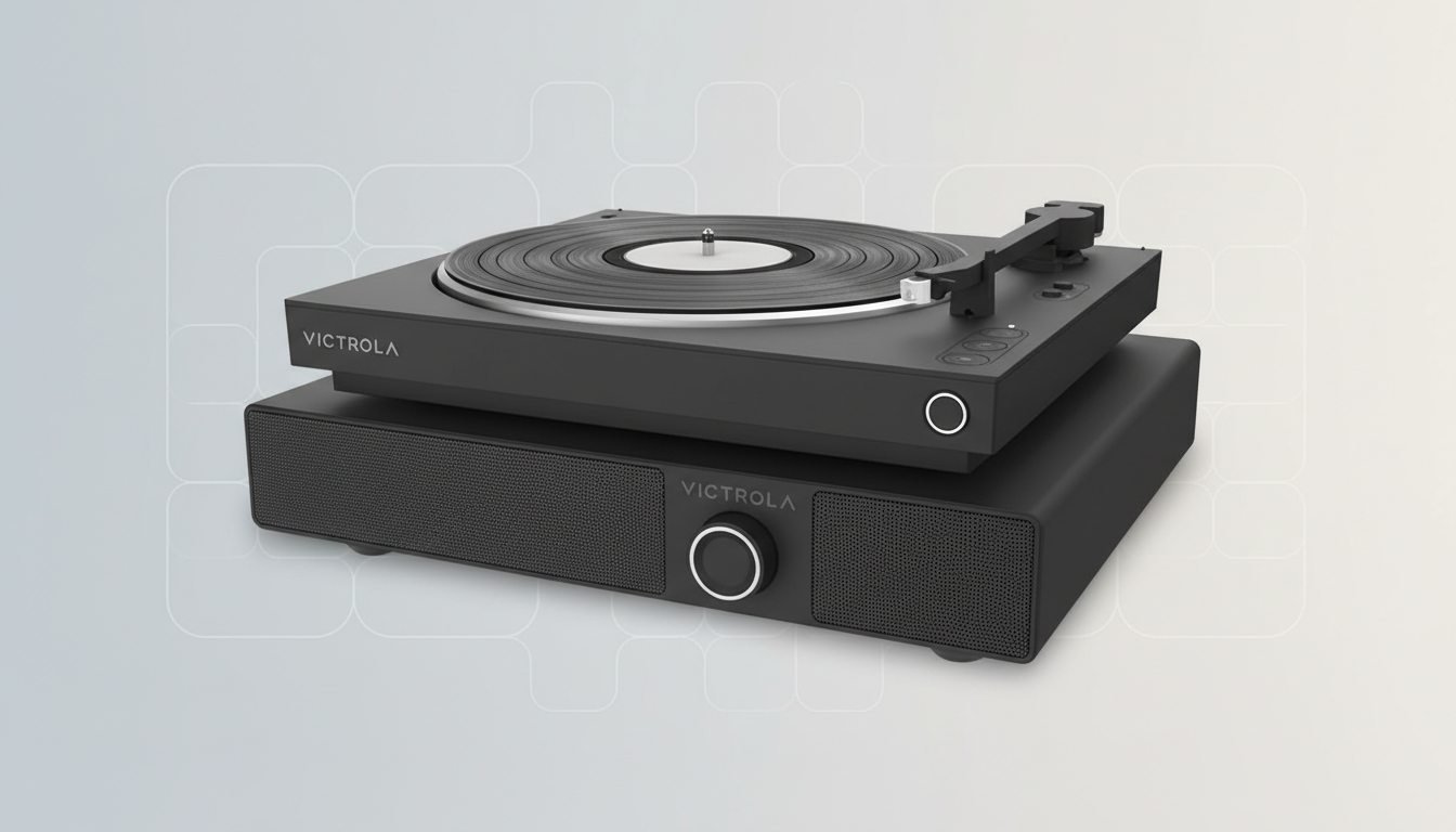 A black Victrola record player with a speaker base, presented on a professional flat design background with soft patterns.