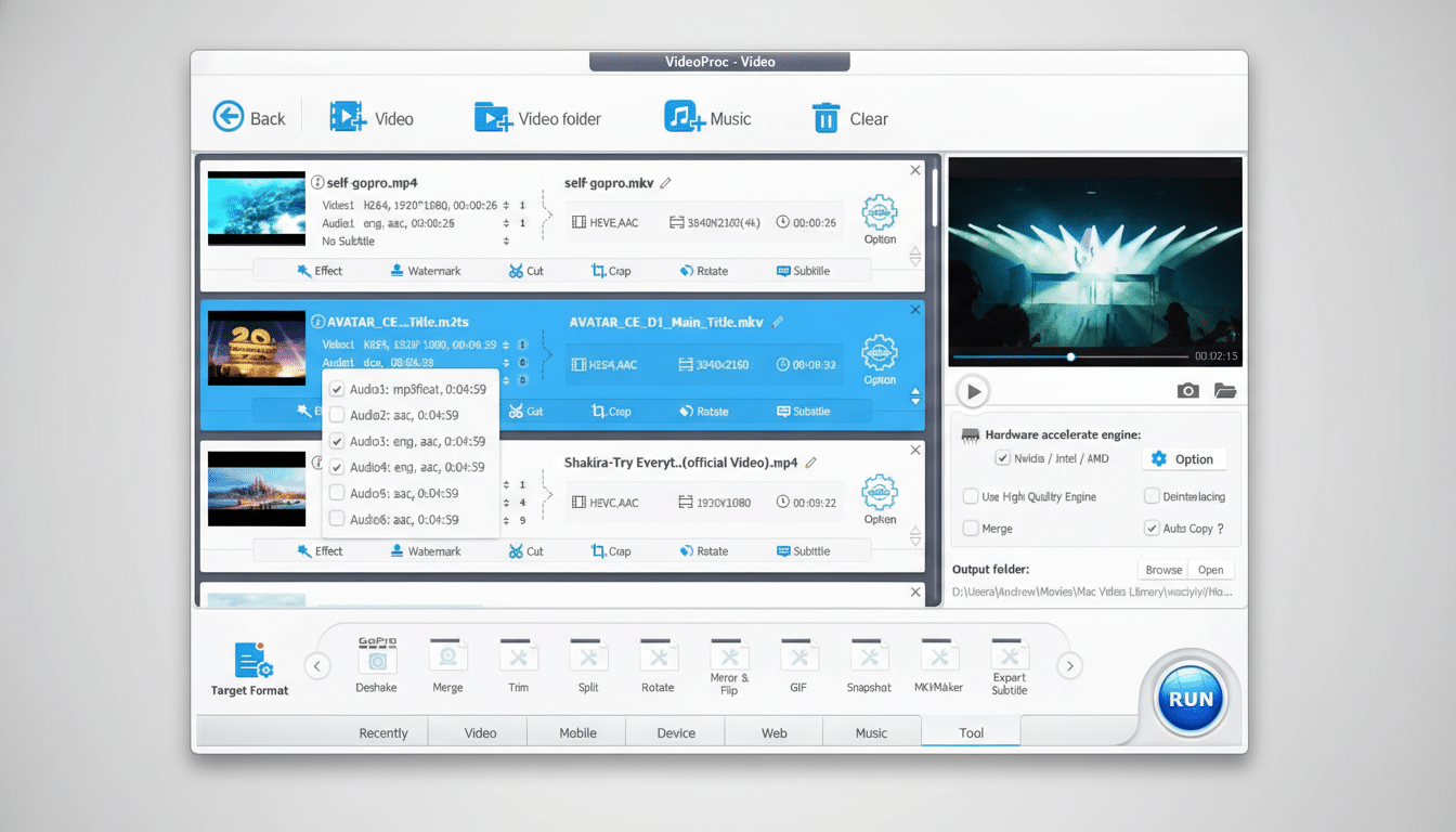 A screenshot of the VideoProc video editing software interface, showing multiple video files loaded for processing.