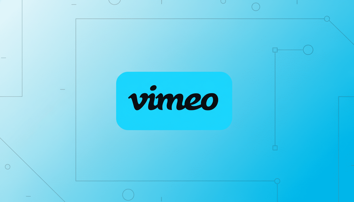 The Vimeo logo, featuring the word vimeo in black lowercase letters on a rounded rectangular light blue background, is centered on a professional 16:9 aspect ratio background with a light blue gradient and subtle geometric patterns.