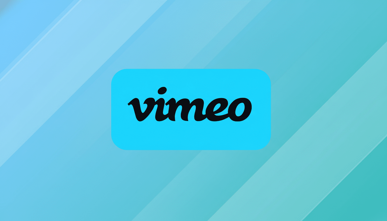 The Vimeo logo, featuring the word vimeo in black lowercase letters on a rounded rectangular turquoise background, is centered on a professional 16:9 aspect ratio background with soft blue and green gradients and subtle diagonal patterns.
