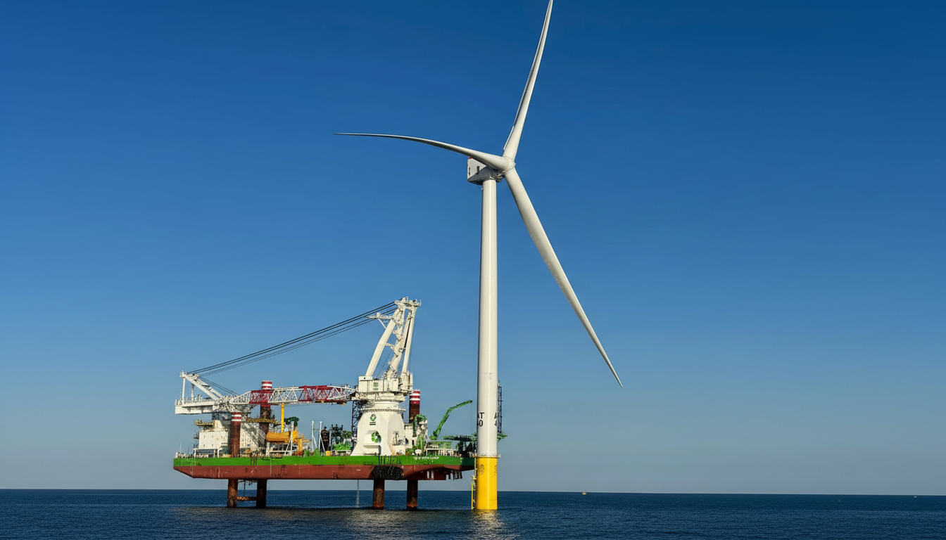 A large offshore wind turbine stands tall in the ocean next to a massive offshore construction vessel, under a clear blue sky.
