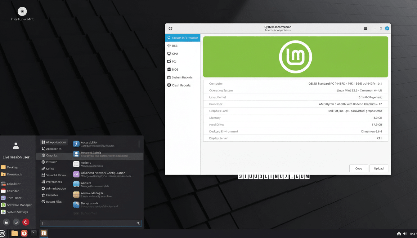 A screenshot of the Linux Mint desktop with the System Information window open, displaying details about the operating system and hardware.