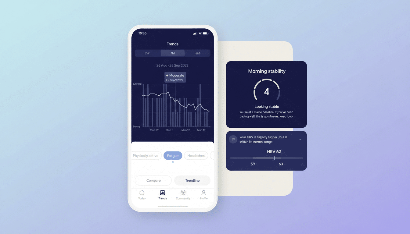 A smartphone displaying a health tracking app with Trends selected, showing a graph of Severe to None data from August 26 to September 25, 2022, with Moderate highlighted on September 9. To the right, two cards show Morning stability with a score of 4 and Looking stable, and Your HRV is slightly higher, but is within its normal range with HRV 62 and a range of 59-63. The phone is set against a light gray background with a subtle, soft gradient.