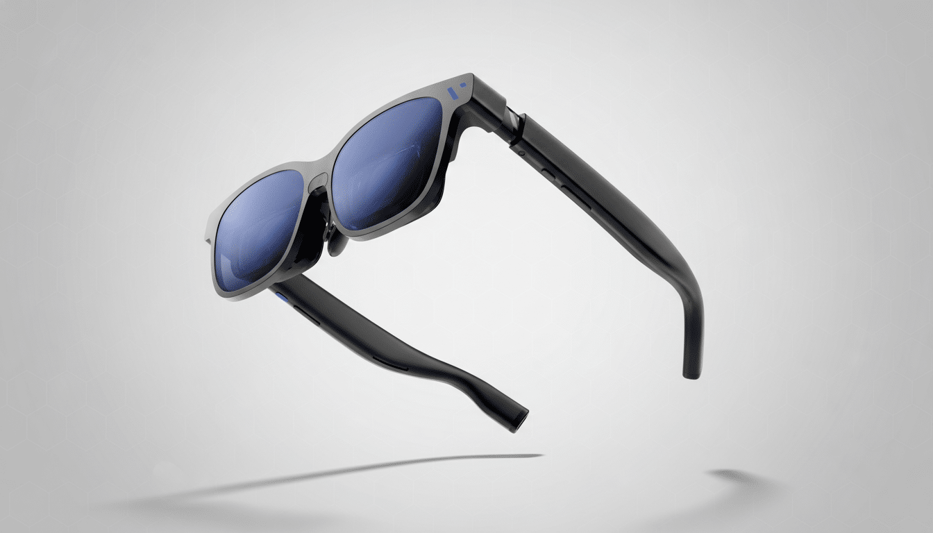 A pair of smart glasses with blue lenses and black frames, floating above a light gray background with subtle hexagonal patterns.