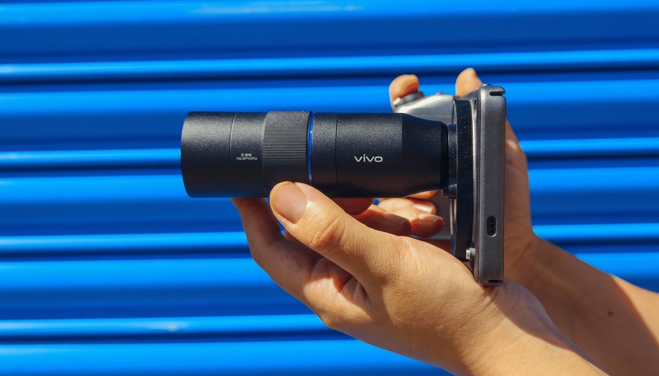 A persons hands holding a Vivo smartphone with an attached 2.35x telephoto lens, set against a vibrant blue background.