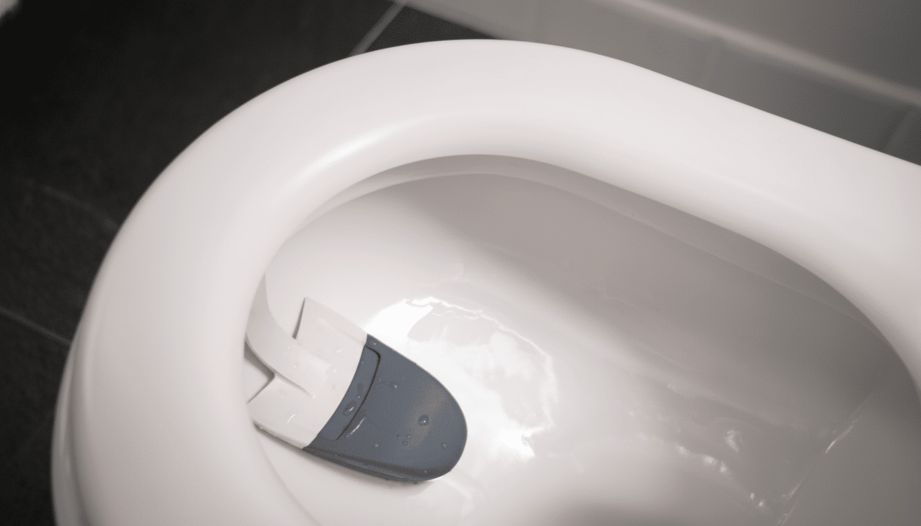 A white toilet bowl with a blue and white toilet cleaner block inside, set against a dark tiled floor and wall.