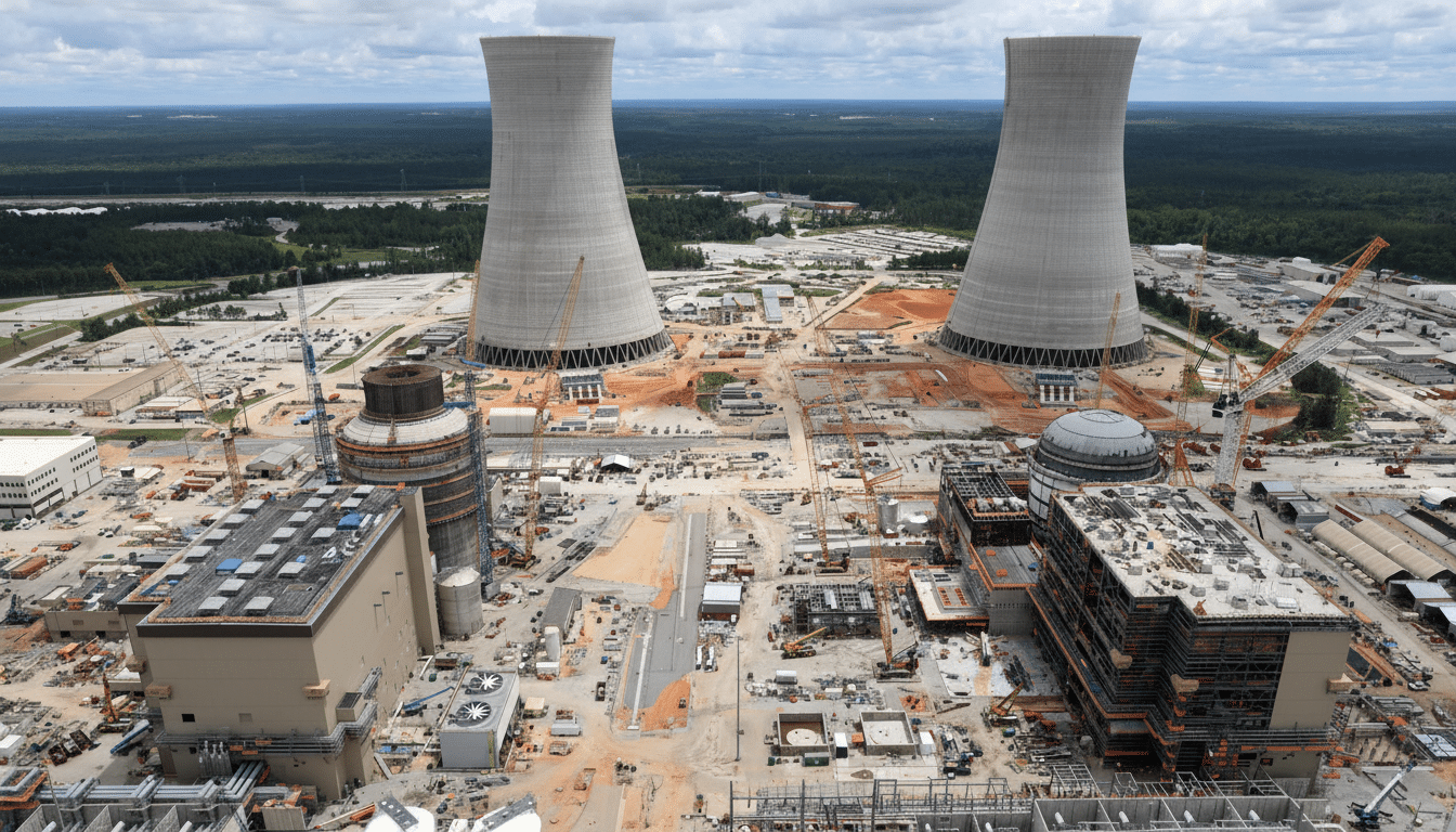 An aerial view of a large nuclear power plant under construction, featuring two prominent cooling towers and numerous industrial buildings and equipment spread across a vast site with surrounding forests under a cloudy sky.