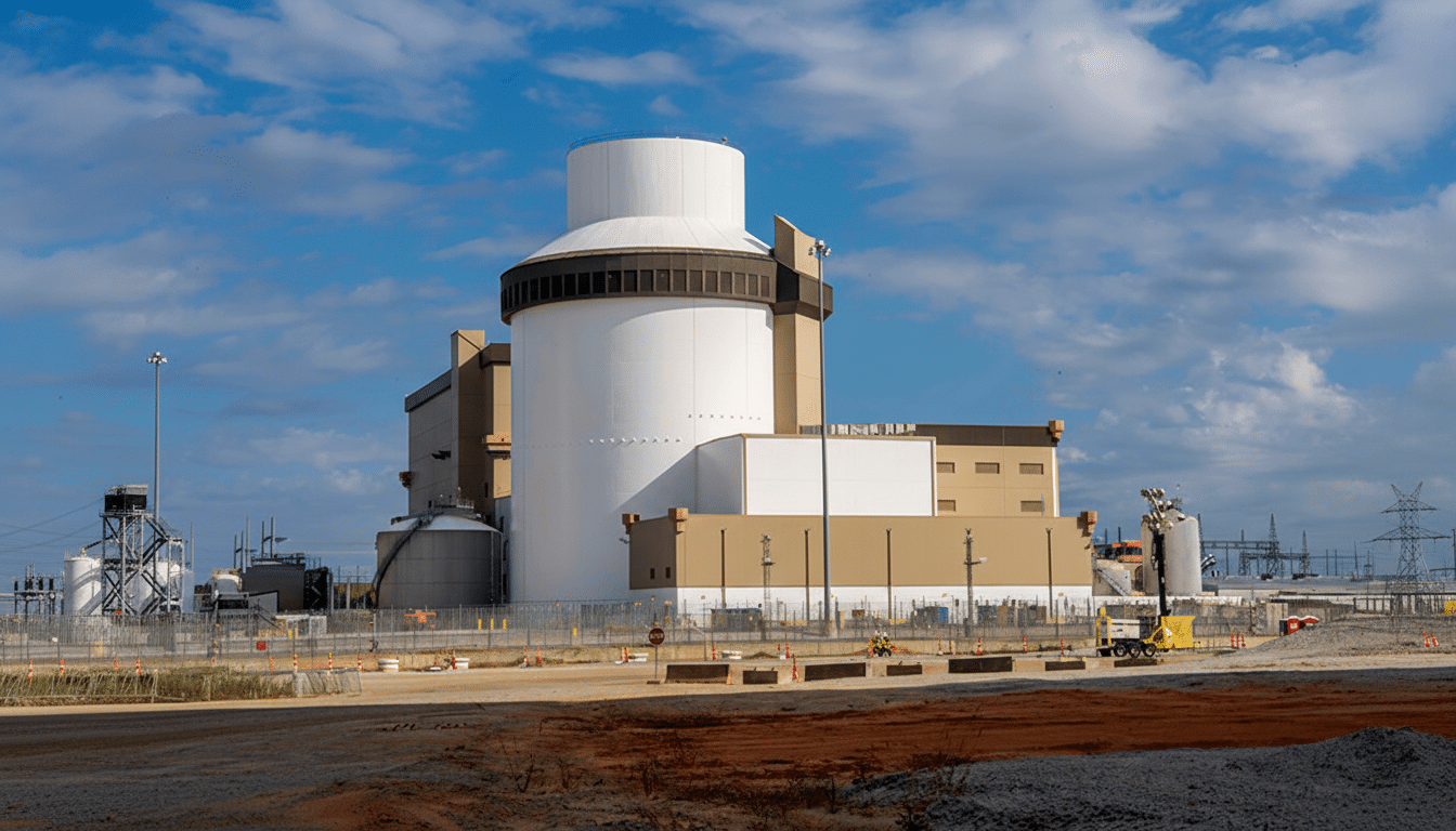 A large, modern nuclear power plant with a white cylindrical containment building and tan auxiliary structures under a partly cloudy blue sky.