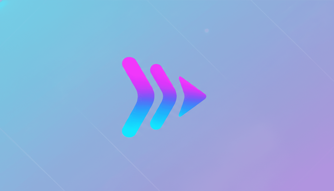 A gradient icon with three right-pointing arrows, transitioning from blue to pink, set against a professional 16:9 aspect ratio background with soft blue and purple gradients and subtle geometric patterns.