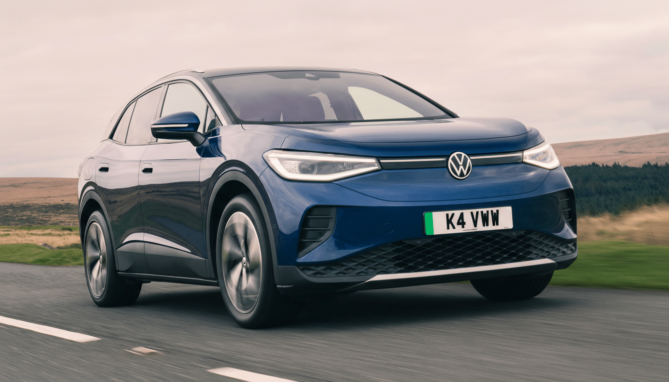A blue Volkswagen ID.4 electric SUV driving on a road with a blurred background of hills and sky.