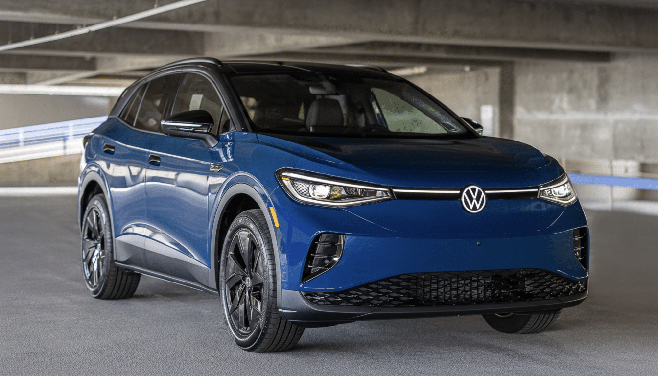 A blue Volkswagen ID.4 electric SUV parked in a concrete garage.