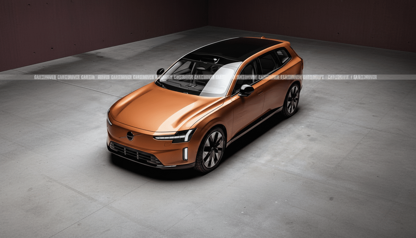 A copper-colored Volvo EX90 electric SUV is parked in a concrete garage, viewed from a high angle.