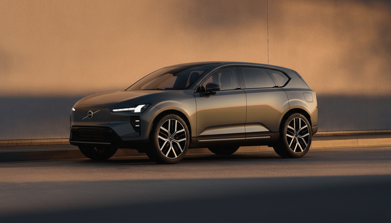 A dark green Volvo EX90 electric SUV parked in front of a light brown wall, with sunlight reflecting off its side.