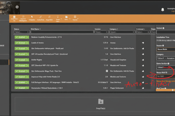 A screenshot of the Fallout 4 mod manager interface, resized to a 16:9 aspect ratio. The interface displays a list of installed mods with details such as status, mod name, version, category, and endorsement. On the right panel, there are options for Source, Category, Game Section, and Nexus Mod ID, with an arrow pointing to Nexus Mod ID and the text Auto-finder handwritten below it.