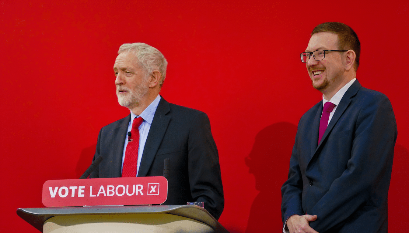 Two men, one speaking at a podium with a VOTE LABOUR sign, against a red background.