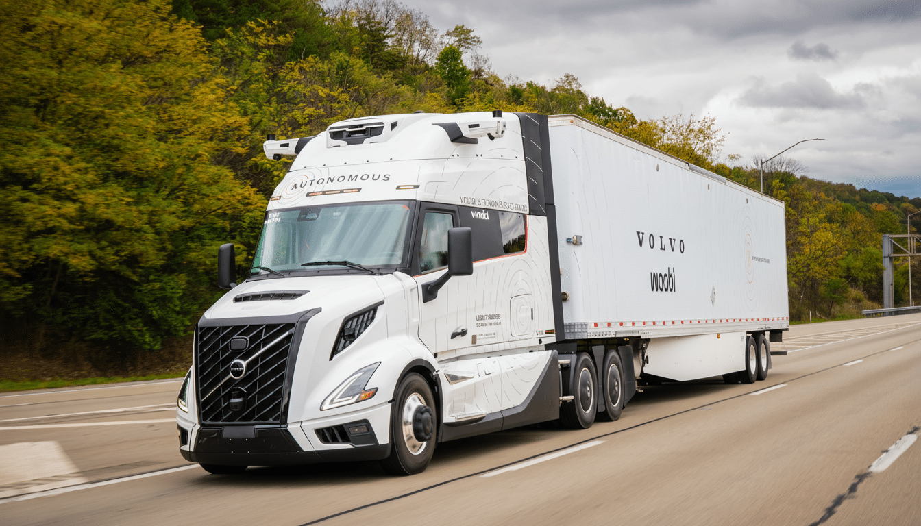 A white autonomous Volvo semi-truck with a white trailer, branded with Volvo and Woobi, drives on a highway with green and yellow trees in the background.