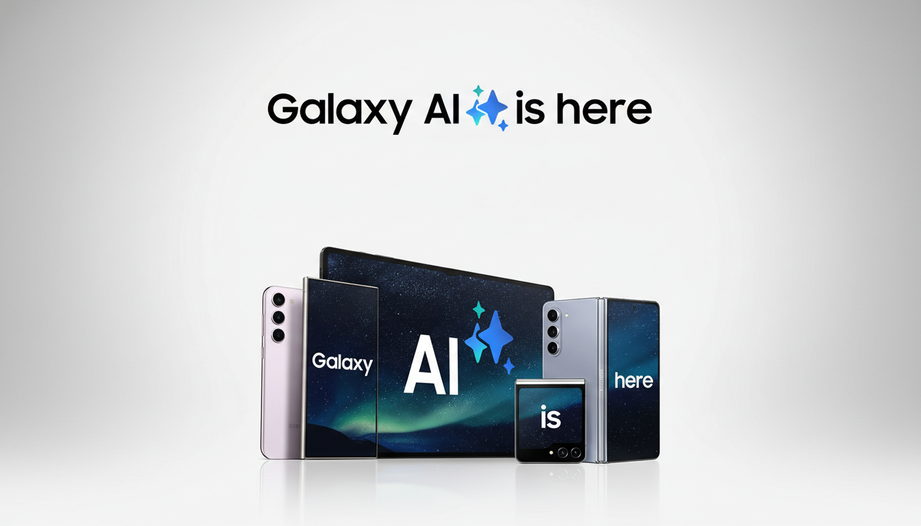 A collection of Samsung Galaxy devices, including smartphones and a tablet, arranged on a reflective surface with the text Galaxy AI is here above them. The background is a clean, professional gradient.