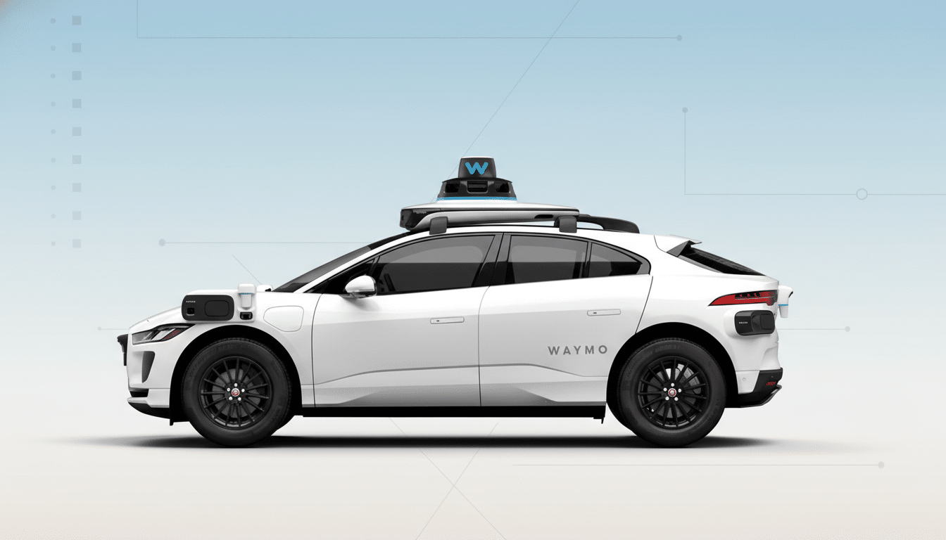 A white Waymo self-driving car with a blue and black sensor dome on its roof, shown in a 16:9 aspect ratio with a professional light blue gradient background featuring subtle geometric patterns.