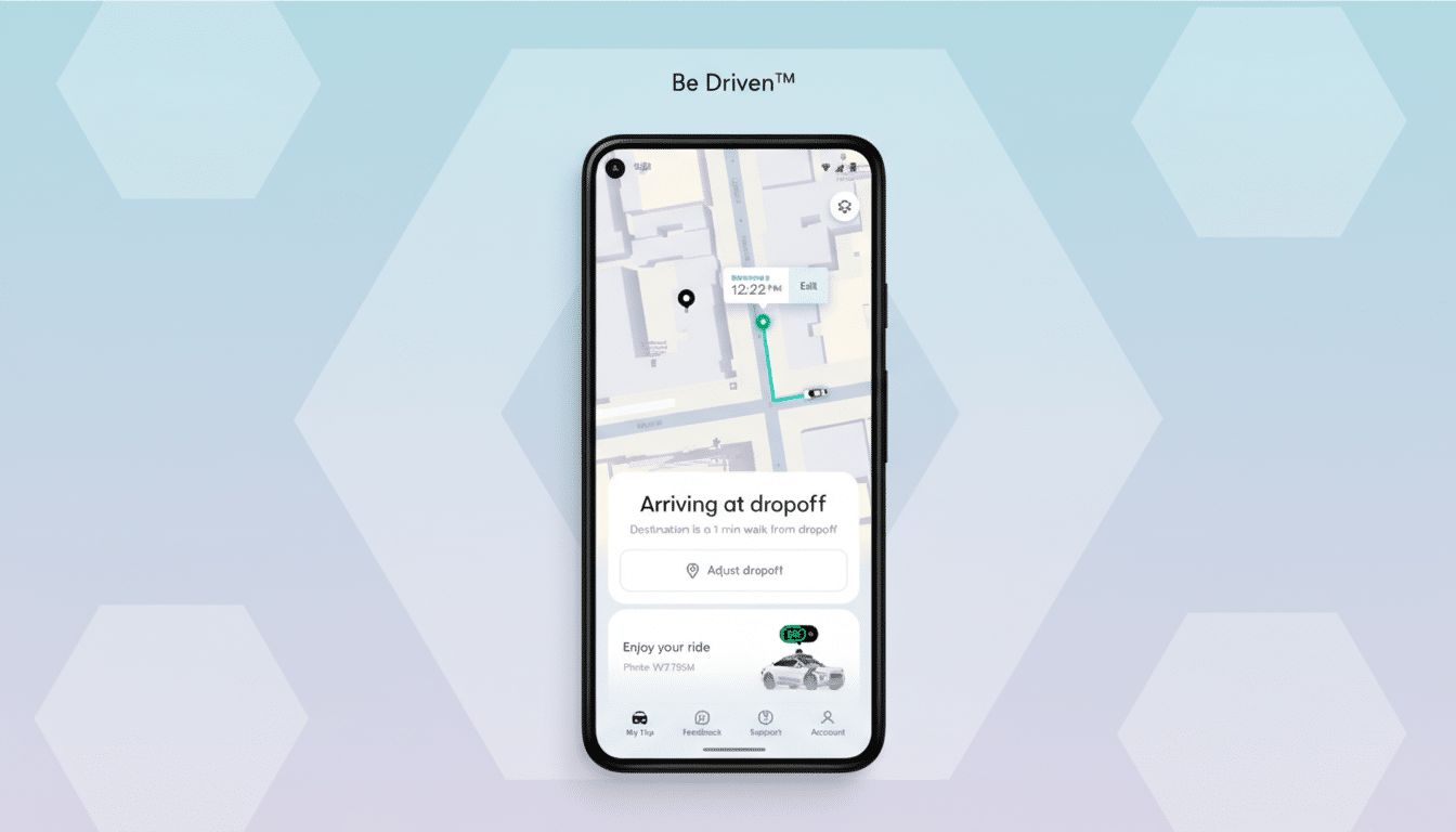 A smartphone displaying a ride-sharing app interface, showing a map with a route, an estimated arrival time, and options for adjusting drop-off and enjoying the ride. The phone is centered against a light blue background with subtle hexagonal patterns.