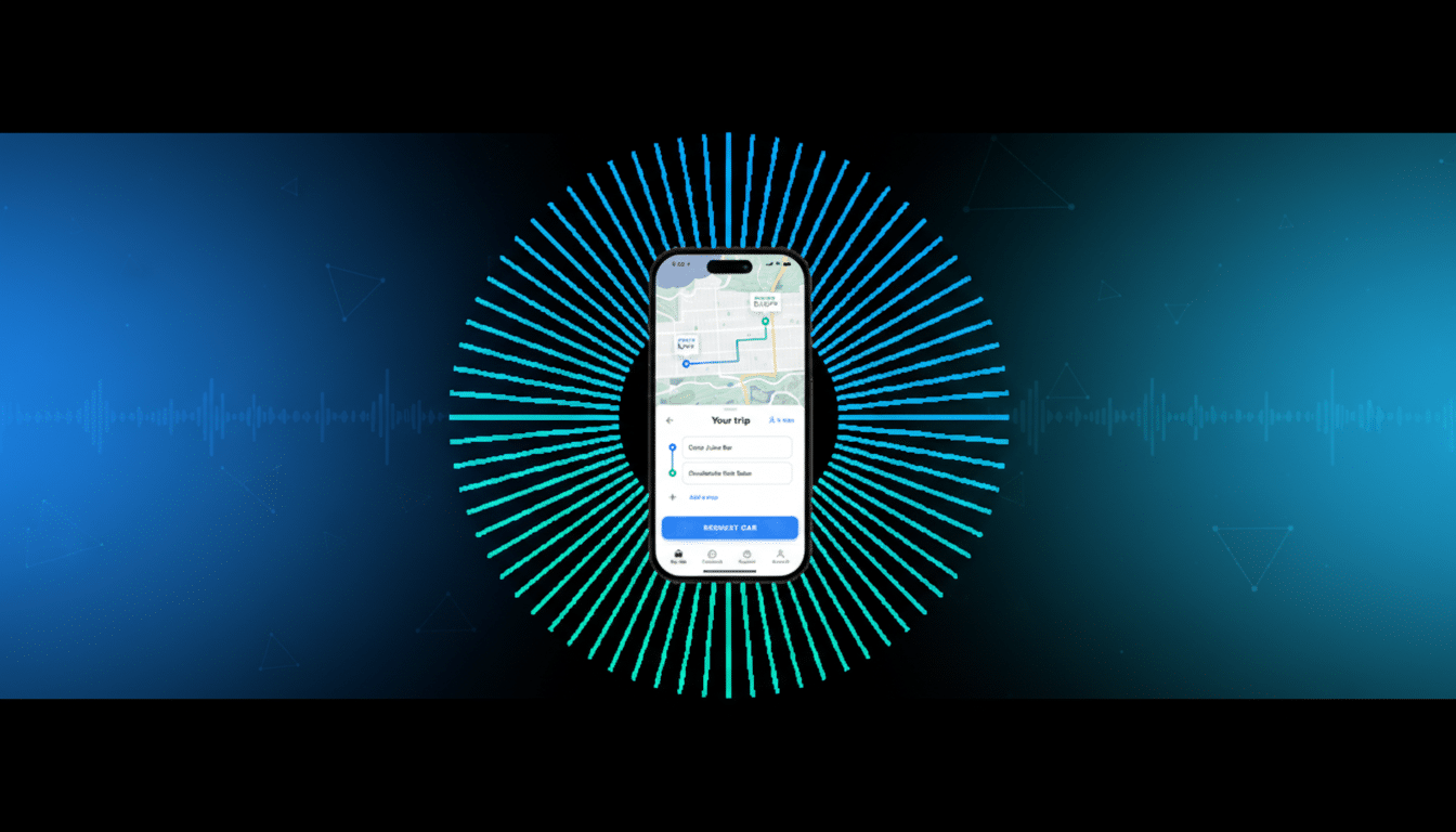 A smartphone displaying a ride-sharing app interface, centered within a circular pattern of blue and green lines, set against a dark blue background with subtle geometric and soundwave patterns.