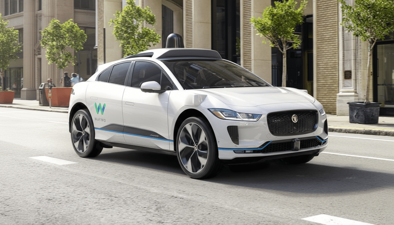 A white Waymo self-driving car, a Jaguar I-PACE, driving on a city street with buildings and trees in the background.