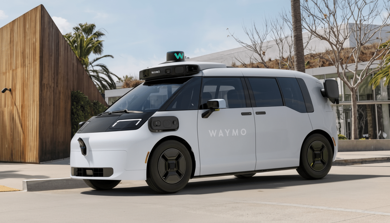 A white Waymo self-driving car parked on a street with a modern building and palm trees in the background.