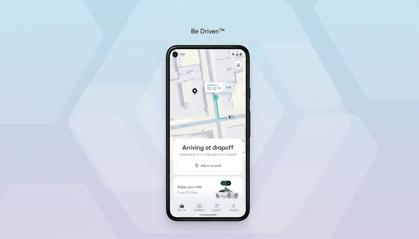 A smartphone displaying a ride-sharing app interface, showing a map with a route, an estimated arrival time, and options for adjusting drop-off or enjoying the ride, set against a professional flat design background with soft patterns and gradients.