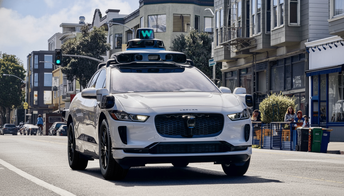 A white self-driving car with a W logo on its roof drives down a city street.