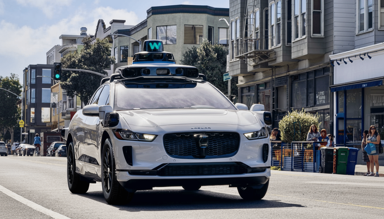 A white self-driving car with a W logo on its roof drives down a city street.