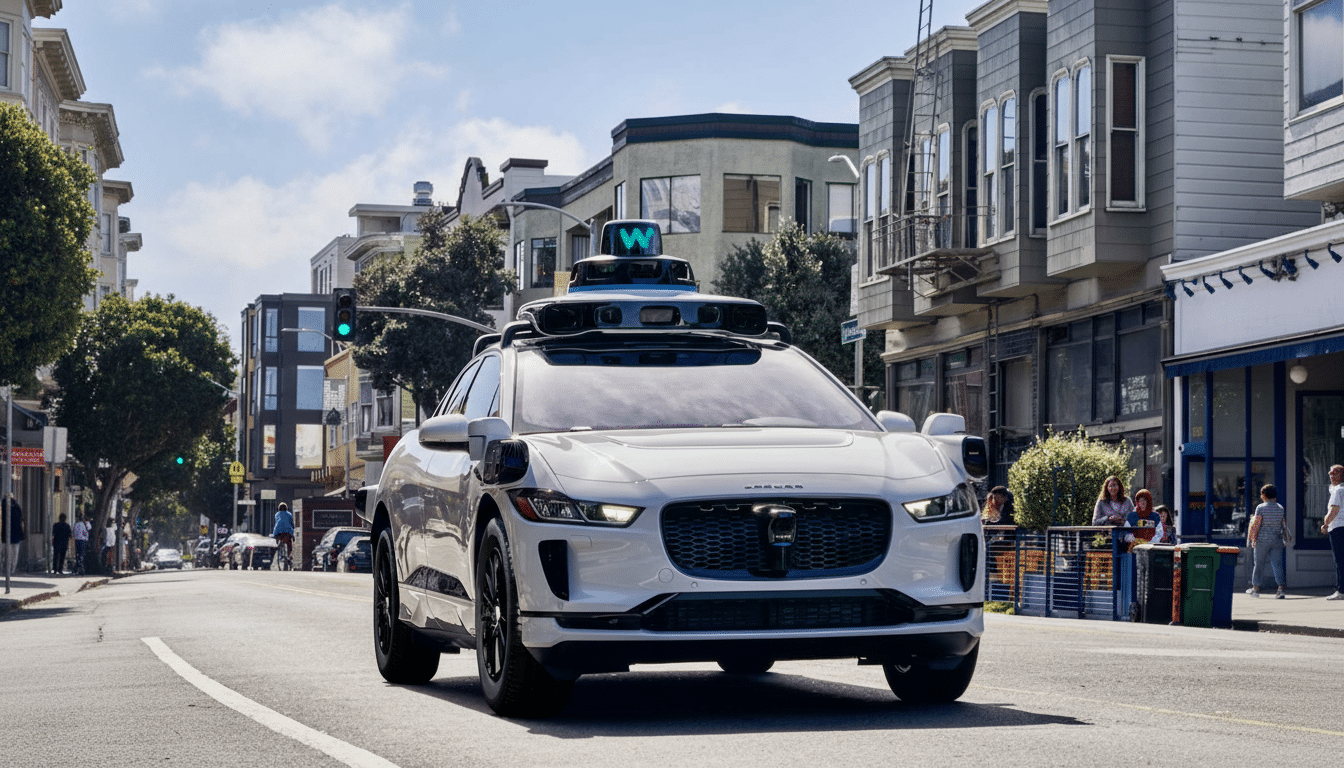 A white self-driving car with a W logo on its roof drives down a city street.