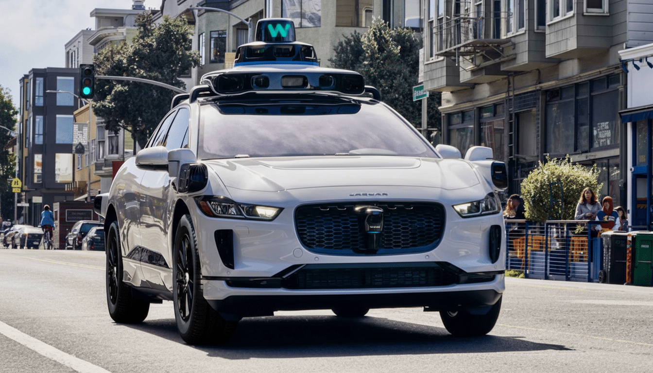 A white self-driving car with a W logo on its roof drives down a city street.