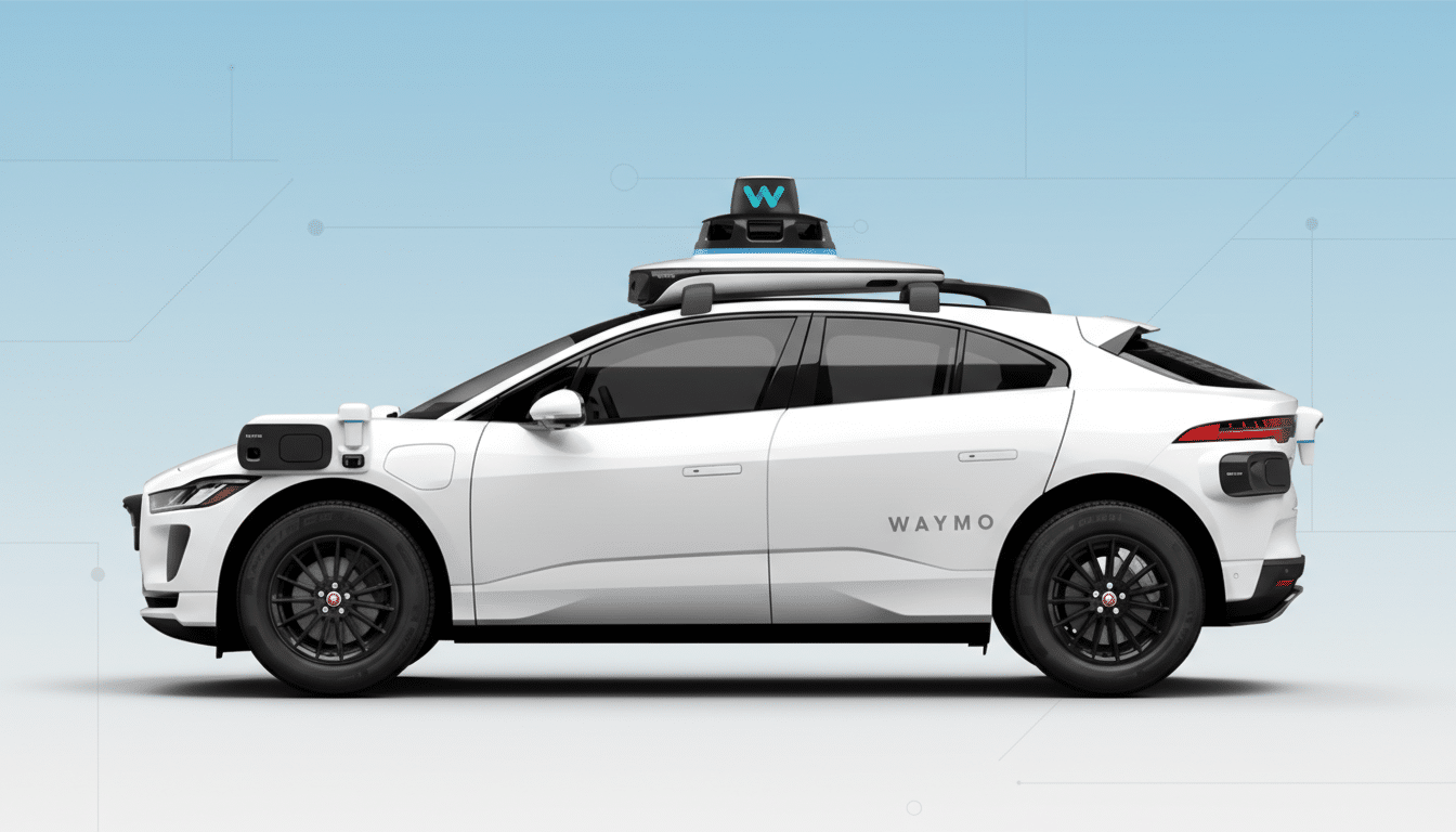 A white Waymo self-driving car, a Jaguar I-PACE, is shown in profile against a light blue background with subtle geometric patterns.