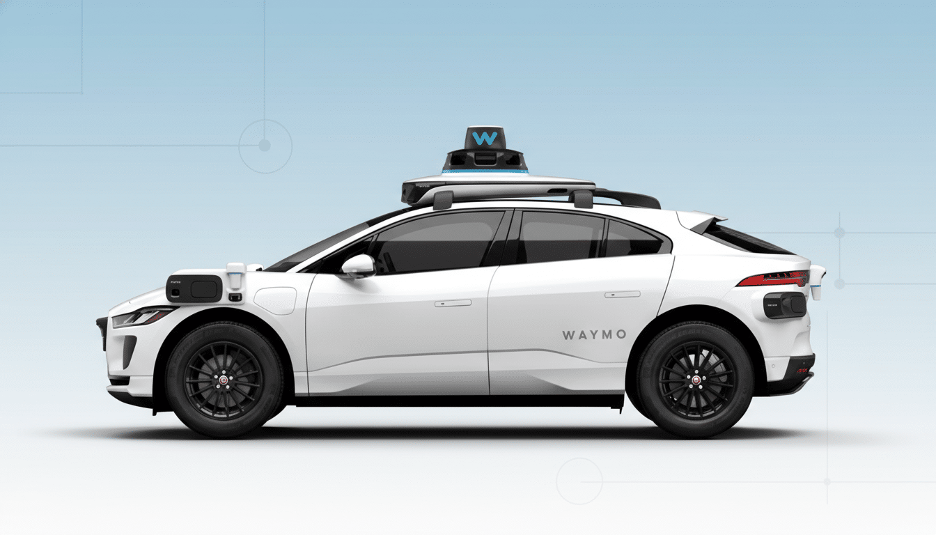 A white Waymo self-driving car with a professional flat design background.