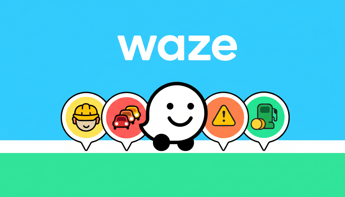 The Waze logo and character with five icons representing different features of the app, resized to a 16:9 aspect ratio.