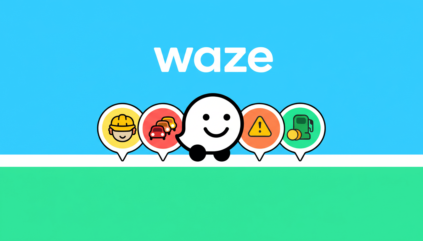 The Waze logo and character with five speech bubble icons representing different features like construction, traffic, alerts, and gas stations, set against a blue and green background.