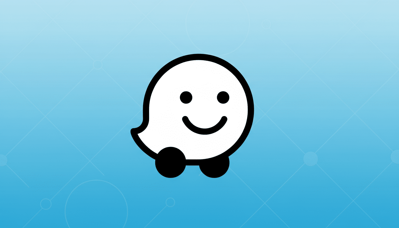 A white, ghost-like character with a smiling face and two black wheels at the bottom, set against a professional blue gradient background with subtle geometric patterns.