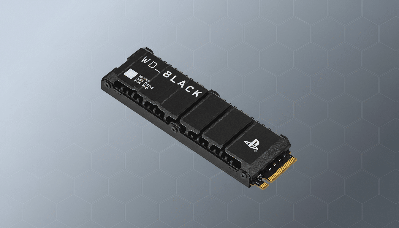 A black WDBLACK SN850P NVMe SSD for PlayStation, shown at an angle on a professional gray background with a subtle hexagonal pattern.