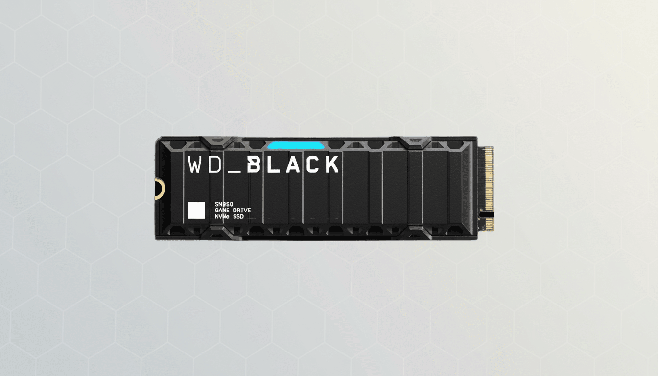 A black WDBLACK SN850 NVMe SSD is centered on a light gray background with a subtle hexagonal pattern, presented in a 16:9 aspect ratio.
