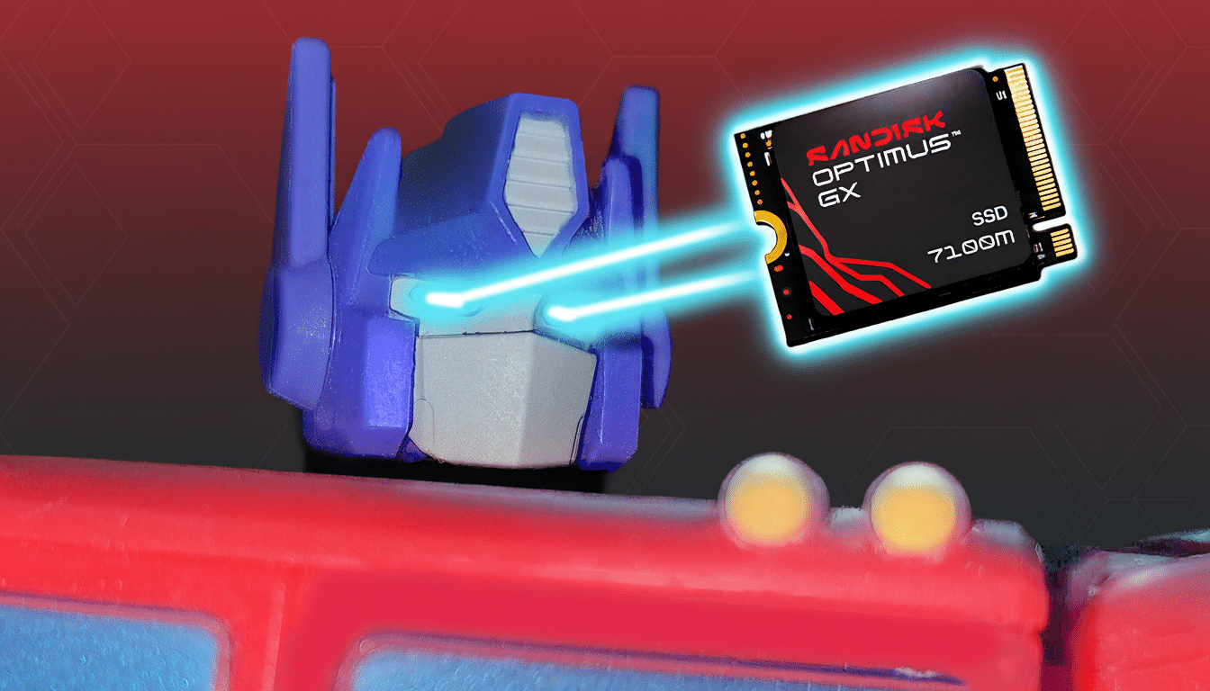 A close-up of an Optimus Prime toy head with blue light beams emanating from its eyes, directed towards a floating black Sandisk Optimus GX SSD. The background is a subtle red gradient with a faint hexagonal pattern.