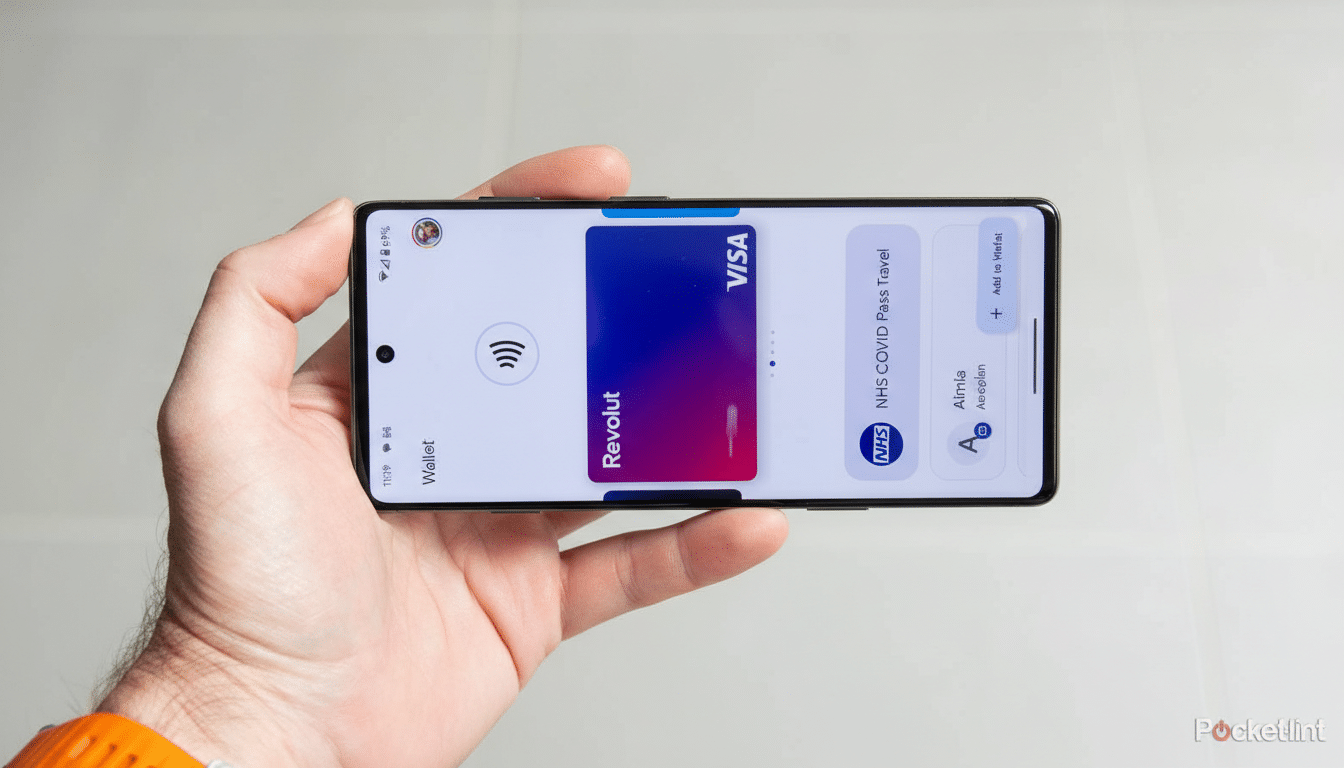 A hand holding a smartphone displaying the Revolut Visa card and other digital wallet contents.