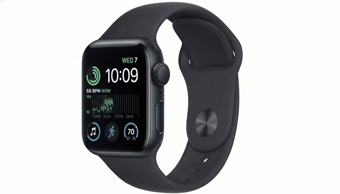 A dark gray Apple Watch with a black band, displaying the time 10:09, date WED 7, and various health metrics, set against a clean white background.