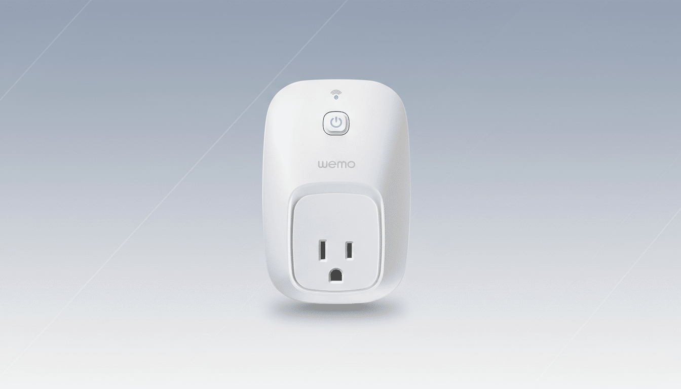 A white WeMo smart plug with a power button and Wi-Fi indicator on a professional flat design background with soft gray gradients and subtle patterns.