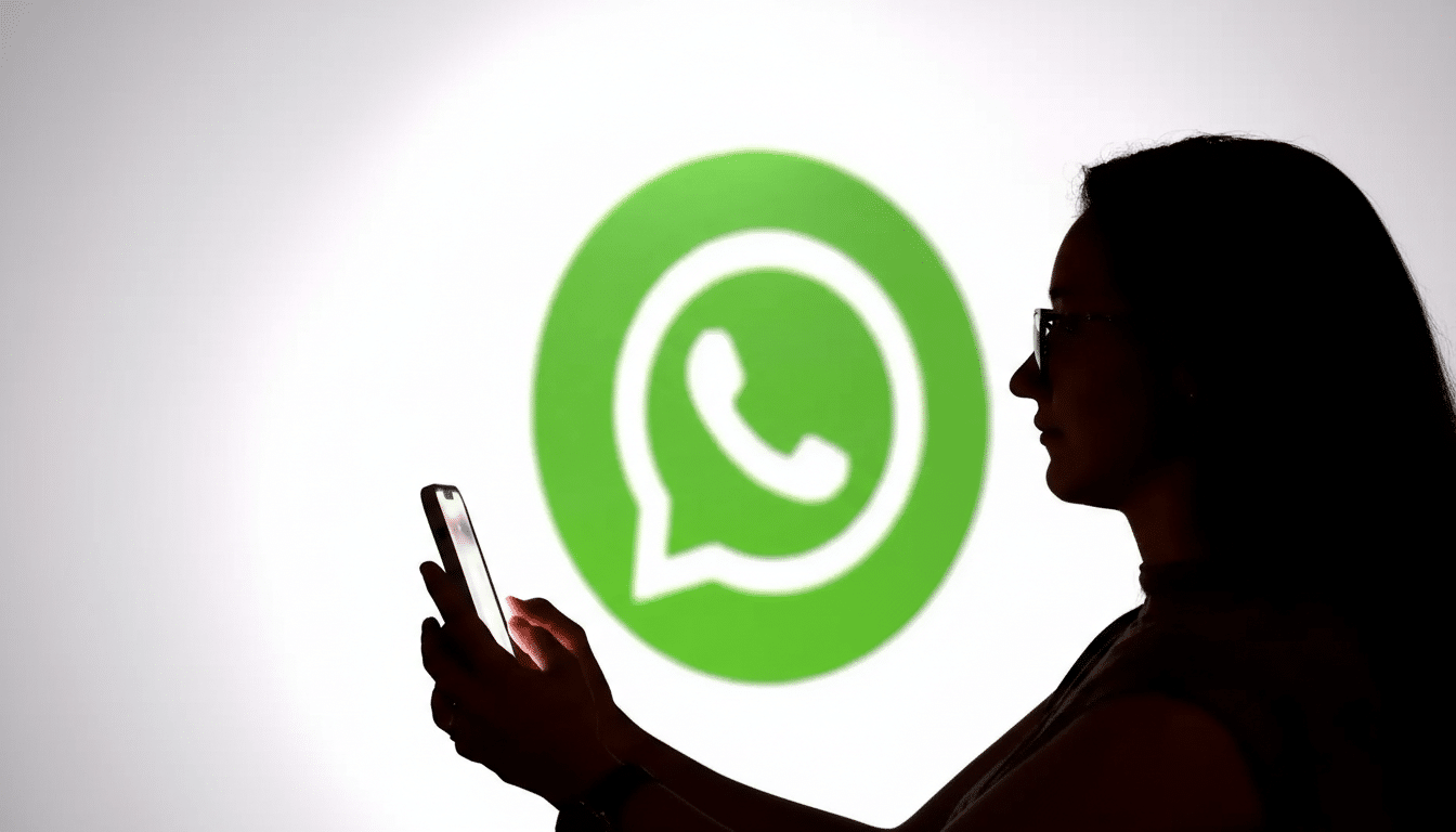 A person in silhouette, wearing glasses, looks at a smartphone in their hands, with a large, bright green WhatsApp logo projected on a white background behind them.