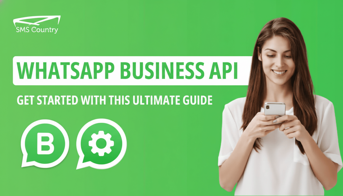A woman smiling while looking at her phone, with WHATSAPP BUSINESS API and GET STARTED WITH THIS ULTIMATE GUIDE text on a green background, along with the SMS Country logo and two chat bubble icons.