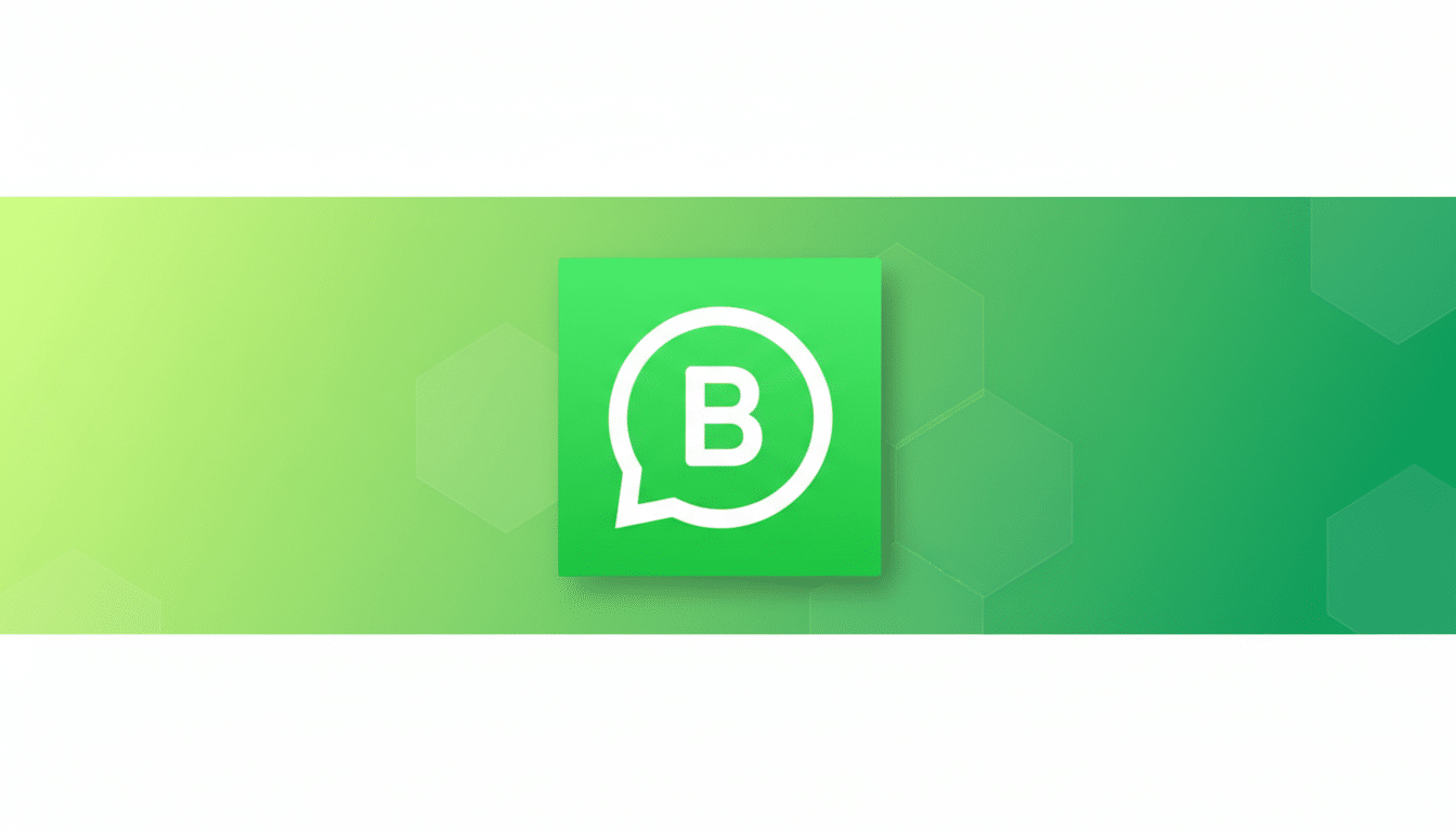The WhatsApp Business logo, a white B inside a speech bubble, centered on a green gradient background with subtle hexagonal patterns.